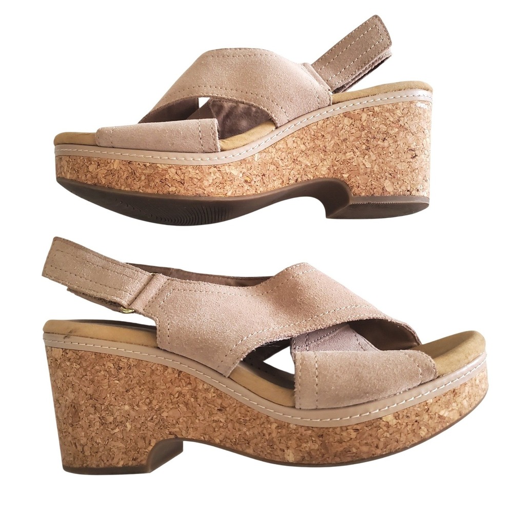 Clarks Suede Cork Wedge Sandals Beige Tan Ultimate Comfort Womens 10